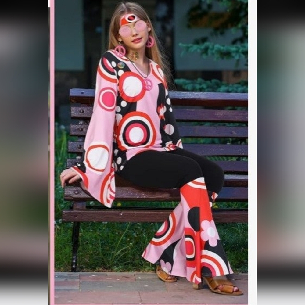 Women's Hippie 70s  Costume Flare Pants and Long sleeve Hippie Shirt Set
